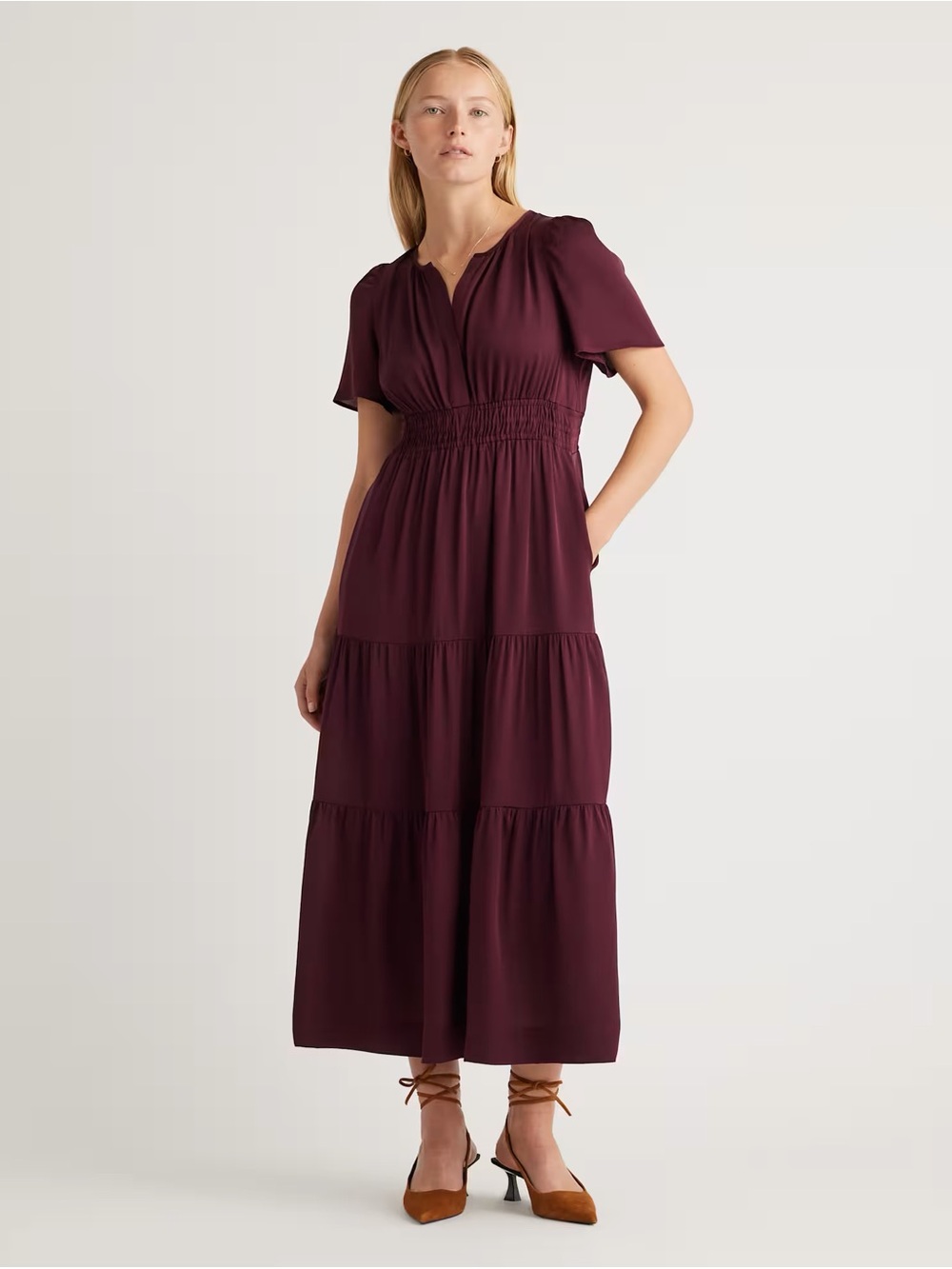 Quince Burgundy Tiered Smocked-Waist Maxi Dress